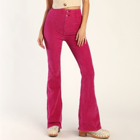New Free People Jayde Magenta High Rise Flared Corduroy Pants - Picture 2 of 10